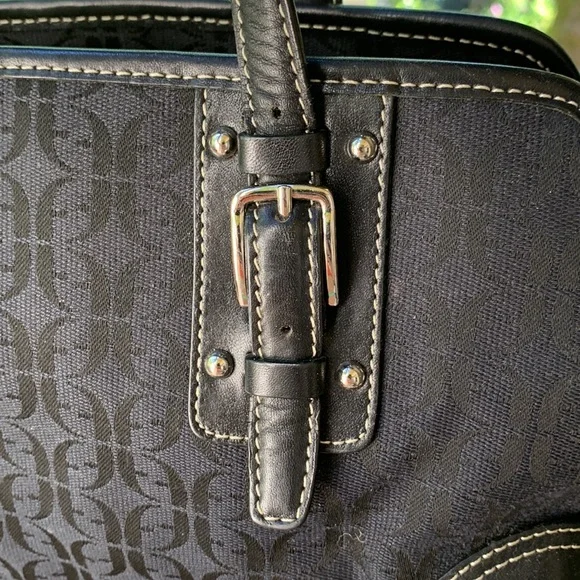 Vintage Fossil Shoulder bag large black leather canvas silver hardware Y2K - Picture 4 of 15